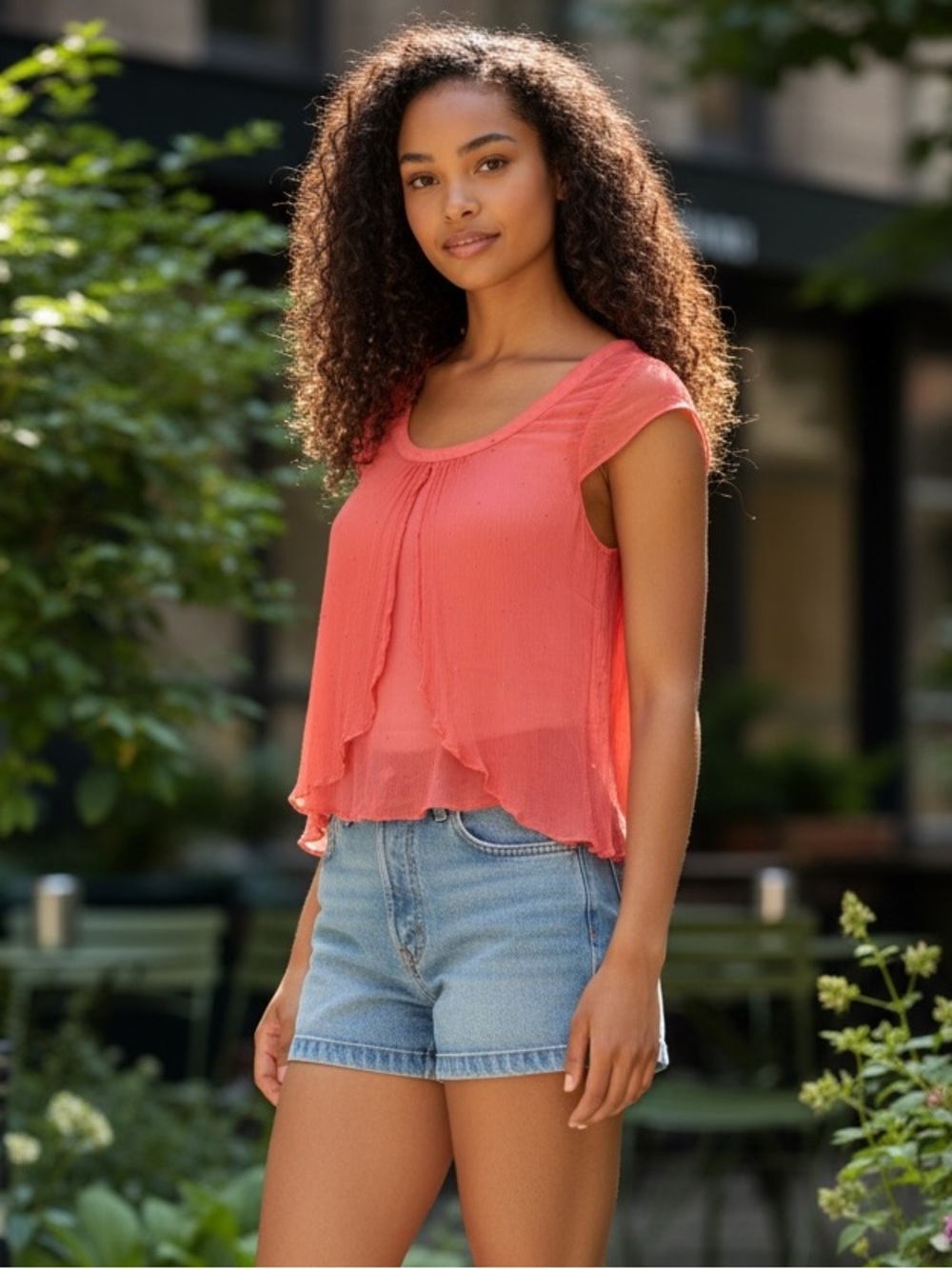 Anthropologie Silk Coral Pink Ruffled Short Sleeve Blouse